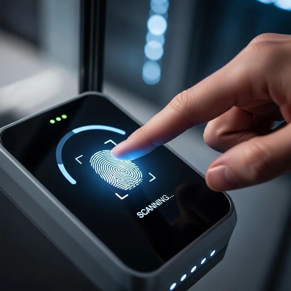 Close-up of a fingerprint being scanned by a biometric lock, showcasing advanced technology