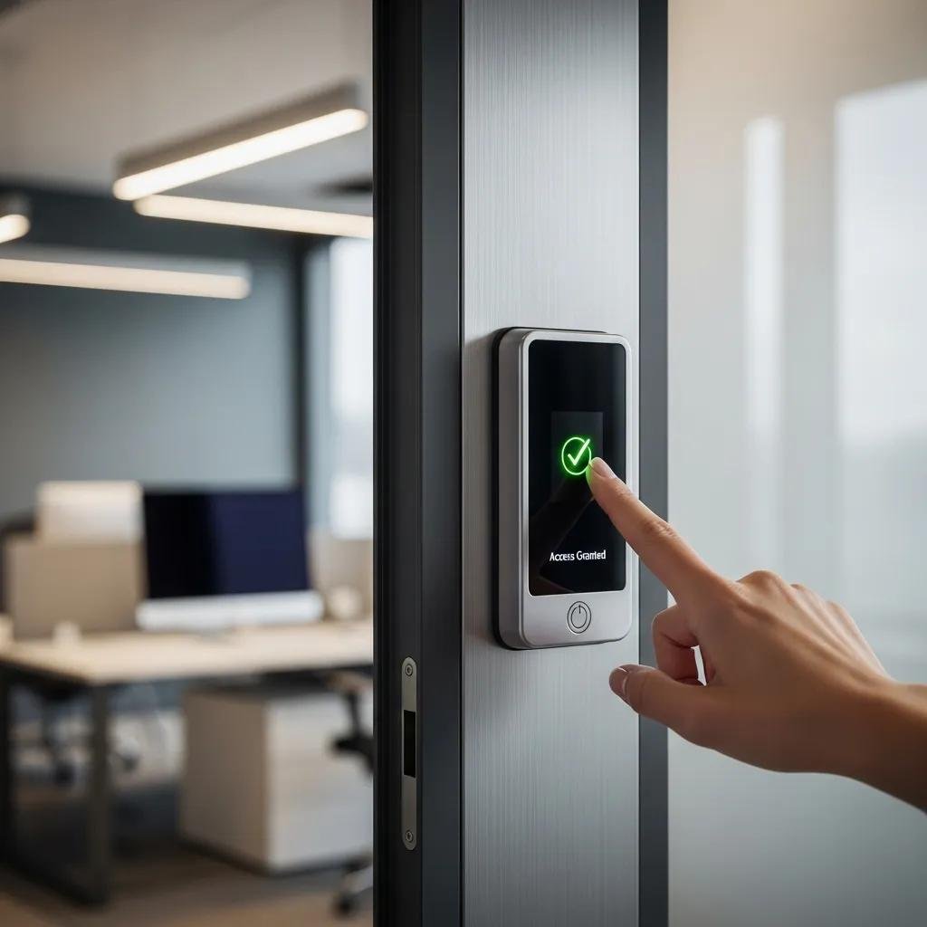 Close-up of a fingerprint entry system being used in a business office
