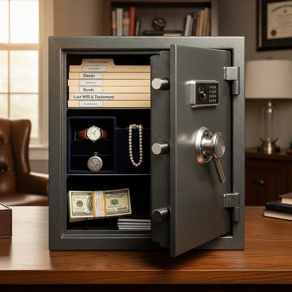 Close-up of a fireproof safe showcasing organized documents and valuables, highlighting security features
