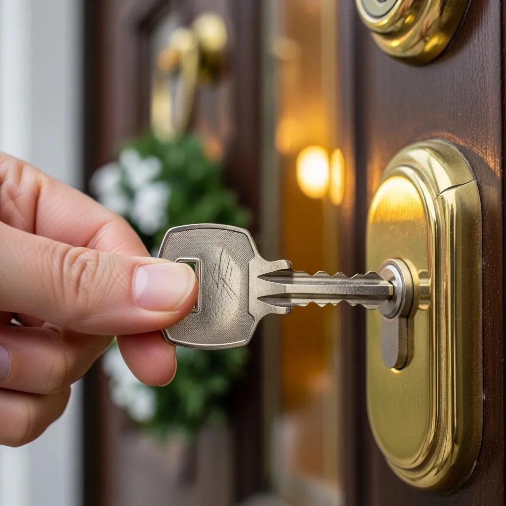 Close-up of a hand using a newly duplicated house key in a lock, emphasizing home security and rekeying benefits