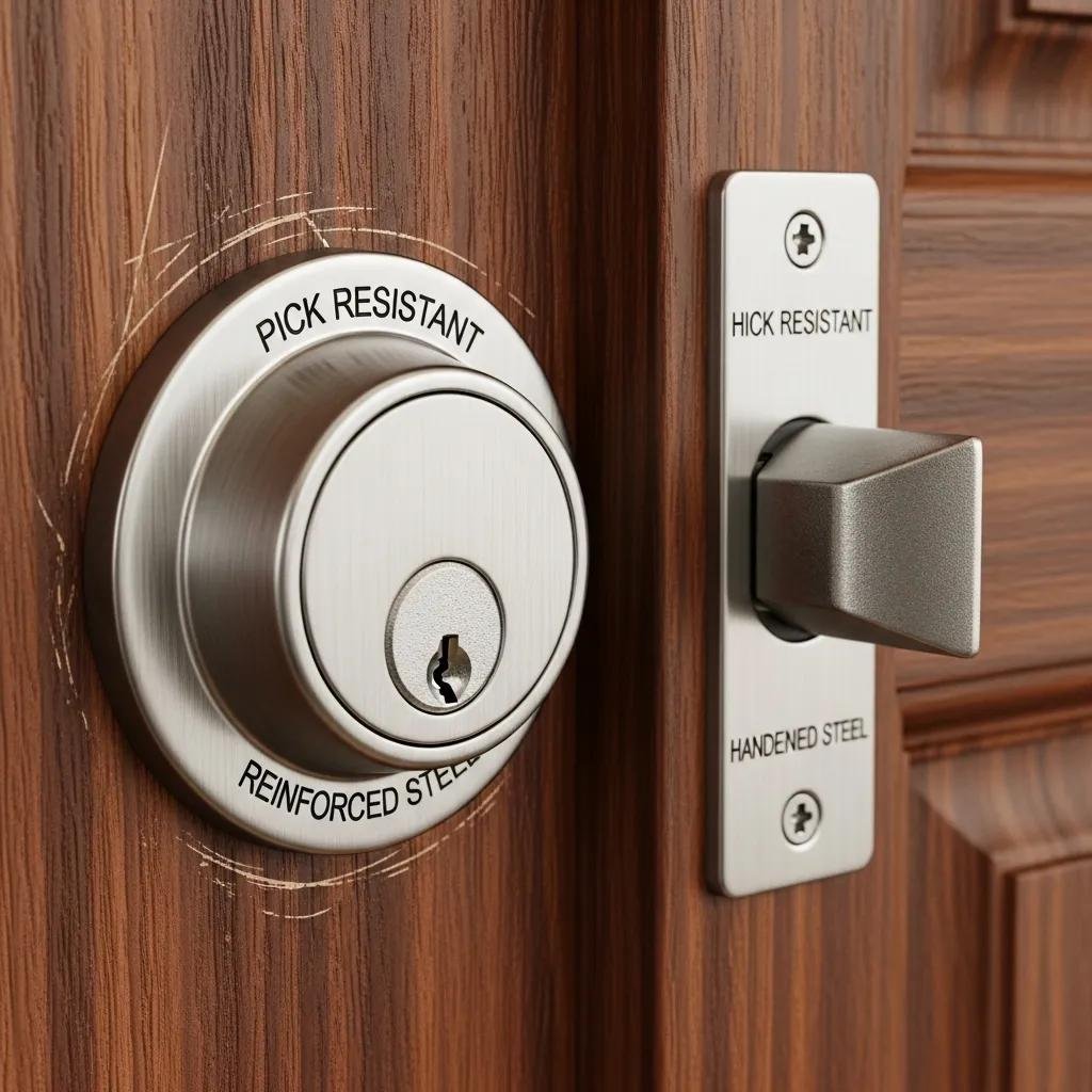 Close-up of a high-quality deadbolt lock on a wooden door, featuring pick-resistant and reinforced steel design, emphasizing security features for enhanced home protection.