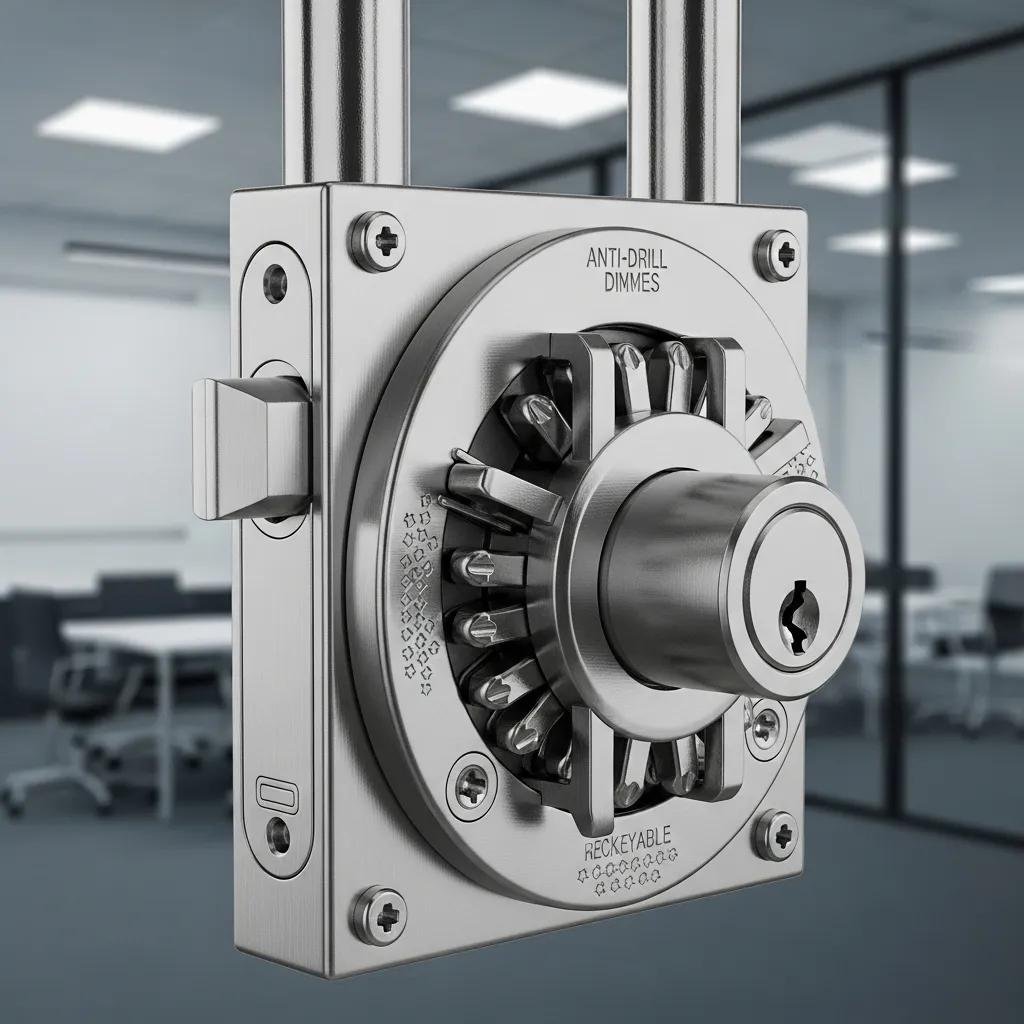 Close-up of a high-security commercial lock showcasing advanced features in a business environment