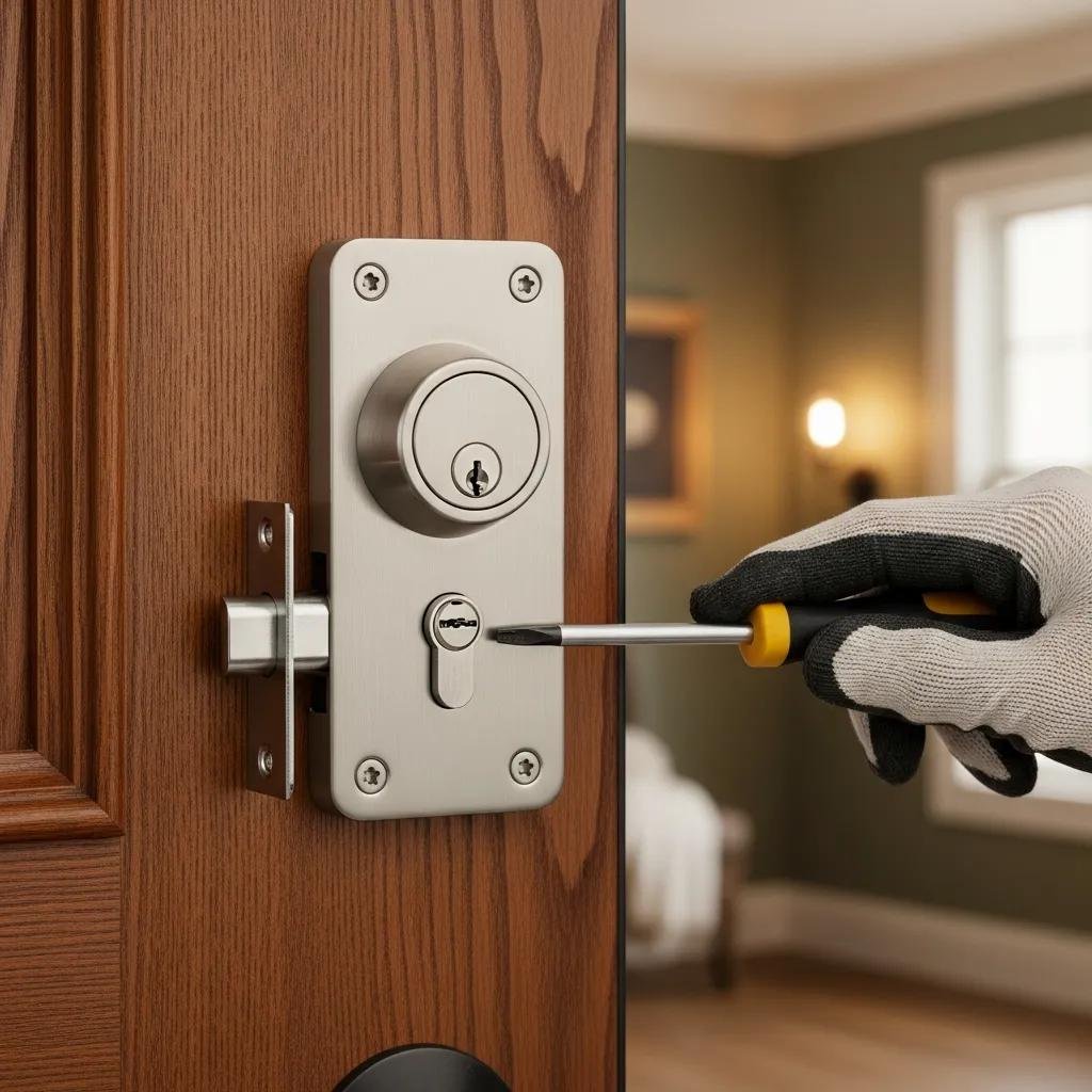 Close-up of a high-security deadbolt lock being installed, emphasizing urgent residential lock change for enhanced home security.