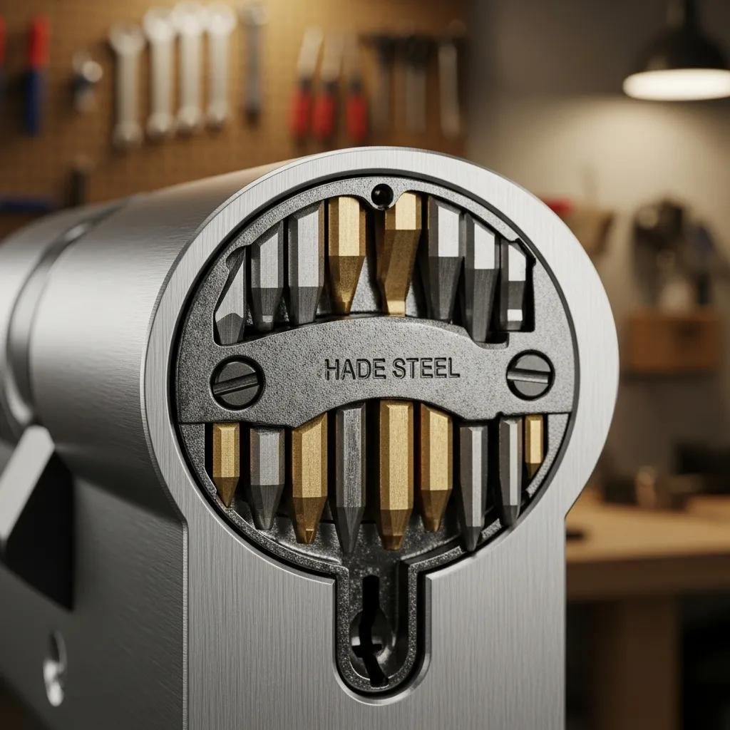 Close-up of a high-security lock showcasing pick-resistant and drill-resistant features, including complex pin configurations and hardened steel components, set against a workshop background.