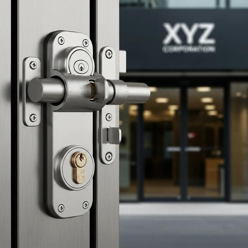 Close-up of a high-security lock on a commercial door, highlighting its design and security features
