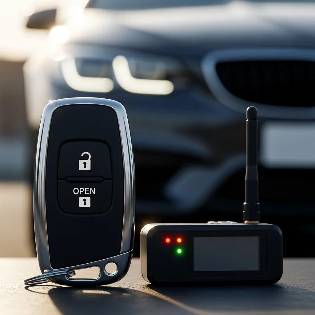 Close-up of a key fob and relay attack device illustrating vulnerabilities in keyless entry technology