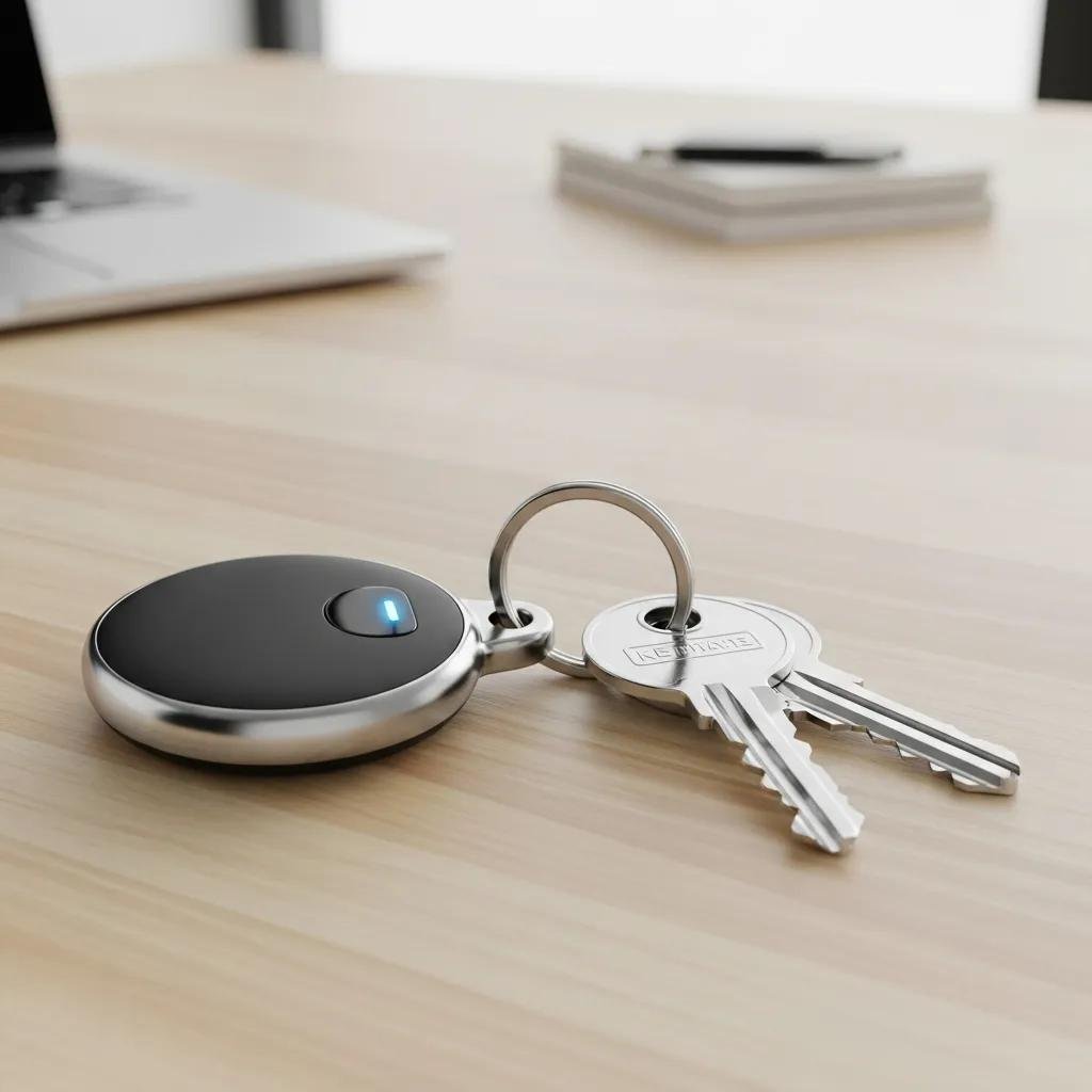 Close-up of a keychain with a key tracker device, emphasizing technology for preventing key loss