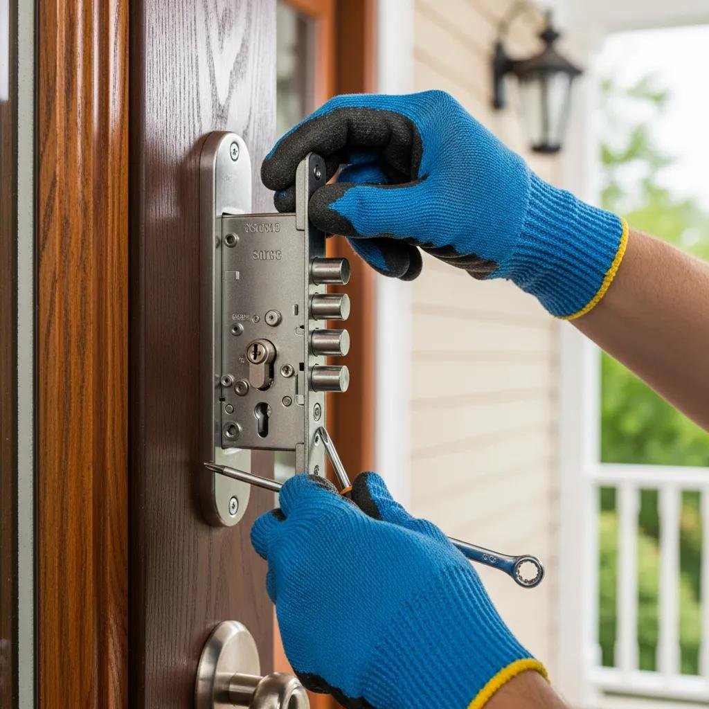 Close-up of a locksmith installing a high-security lock on a residential door, emphasizing security upgrades
