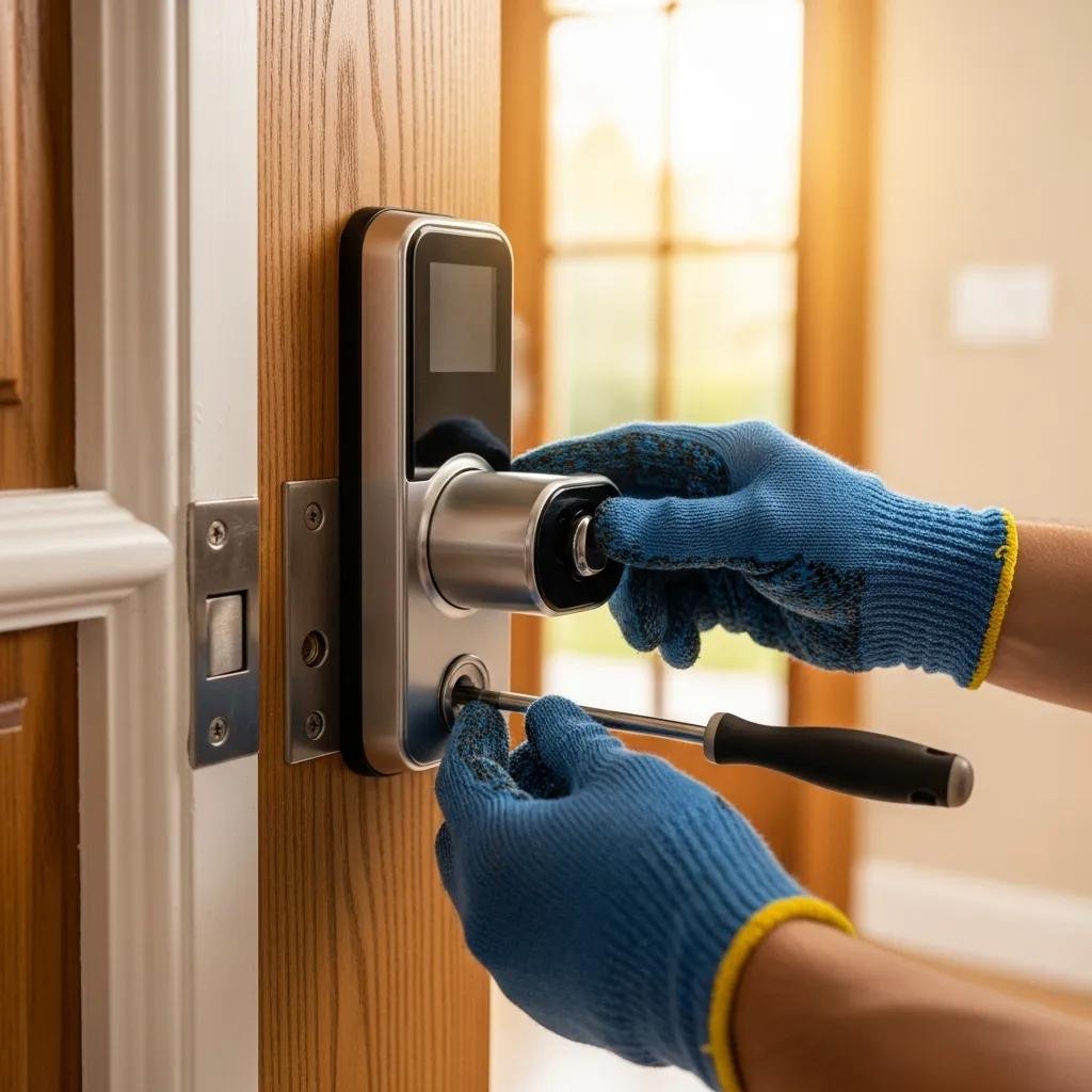 Close-up of a locksmith installing a modern smart lock on a front door, highlighting affordable smart lock solutions