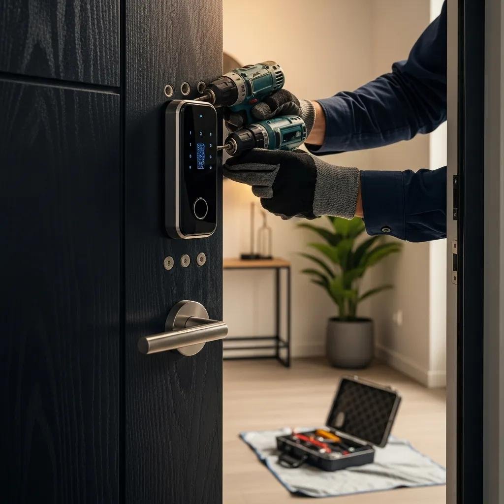 Close-up of a locksmith installing a modern smart lock on a residential door