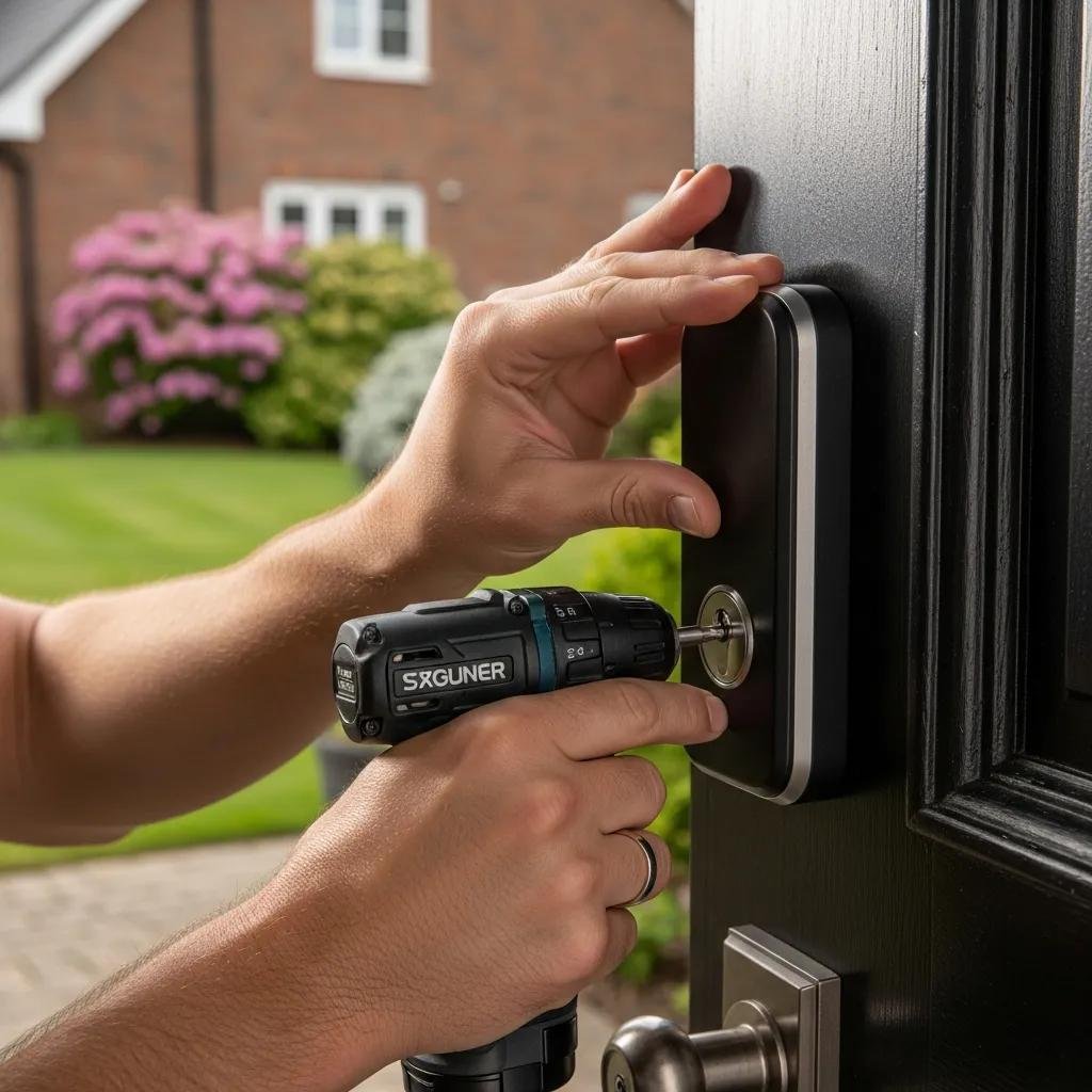Locksmith installing a smart lock on a front door — improving home security and convenience
