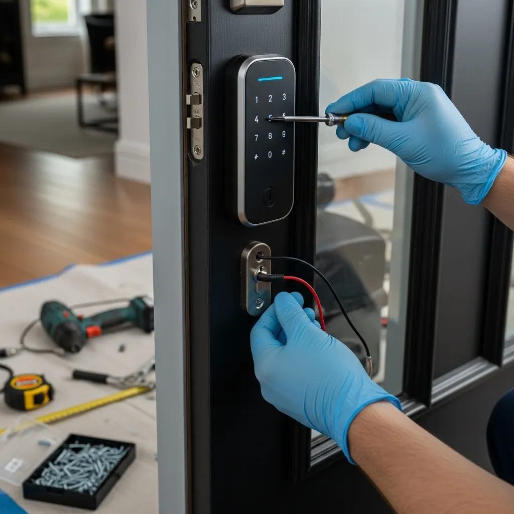Close-up of a locksmith installing a smart lock on a front door, showcasing residential locksmith solutions