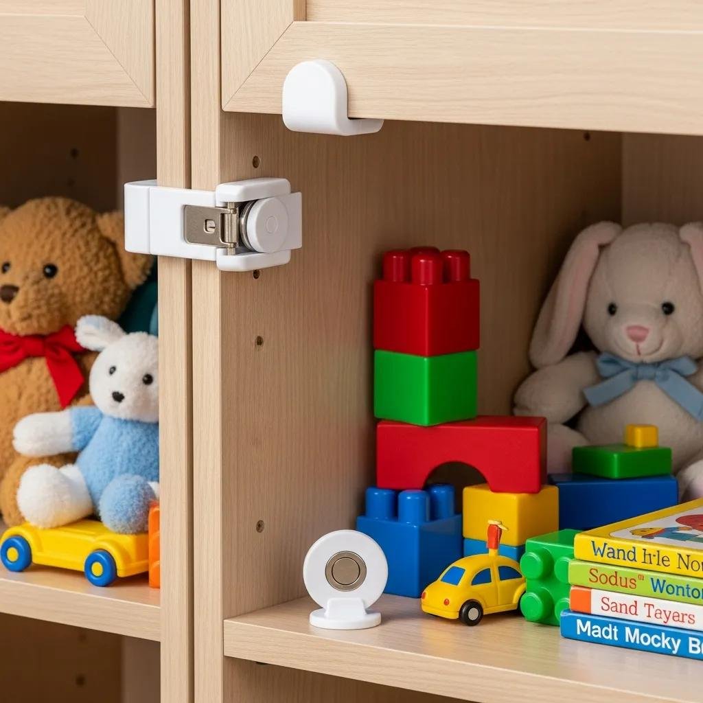 Close-up of a magnetic baby cabinet lock with toys, showcasing safety features