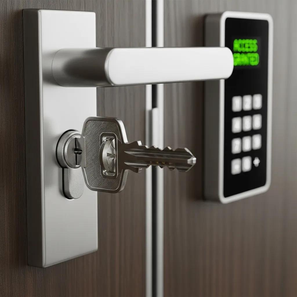 Close-up of a master key being used in a secure office, highlighting the benefits of custom master key systems