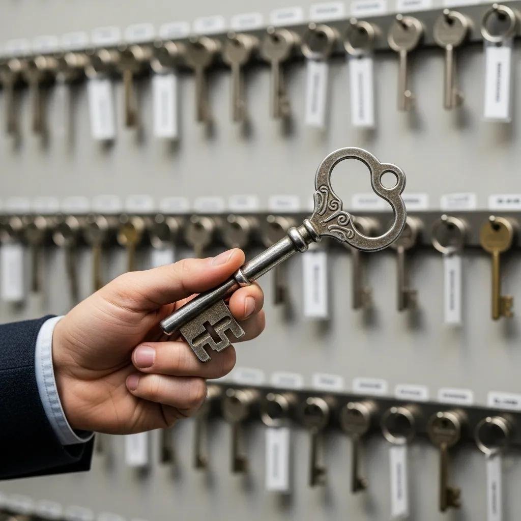 Close-up of a master key with organized keys in a professional setting