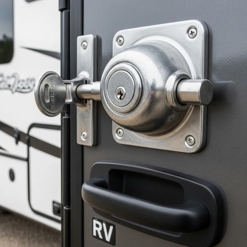 Upgrading RV Locks for Enhanced Security Close-up of a mechanical deadbolt lock on an RV door, showcasing its robust design