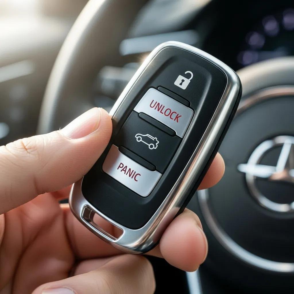 Close-up of a modern car key fob in hand, highlighting its features and design