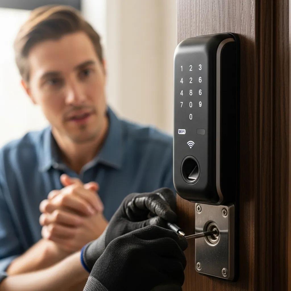 Close-up of a modern smart lock installation on a front door, emphasizing technology and security