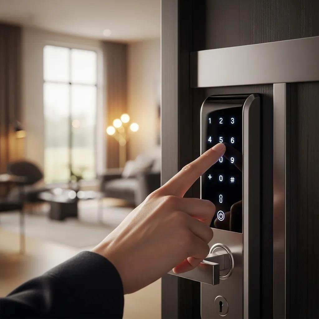 Close-up of a person using a smart lock keypad in a modern home setting