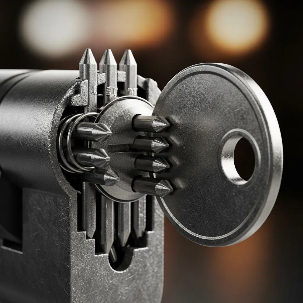 Close-up of a pin tumbler lock with a bump key, illustrating lock bumping technique