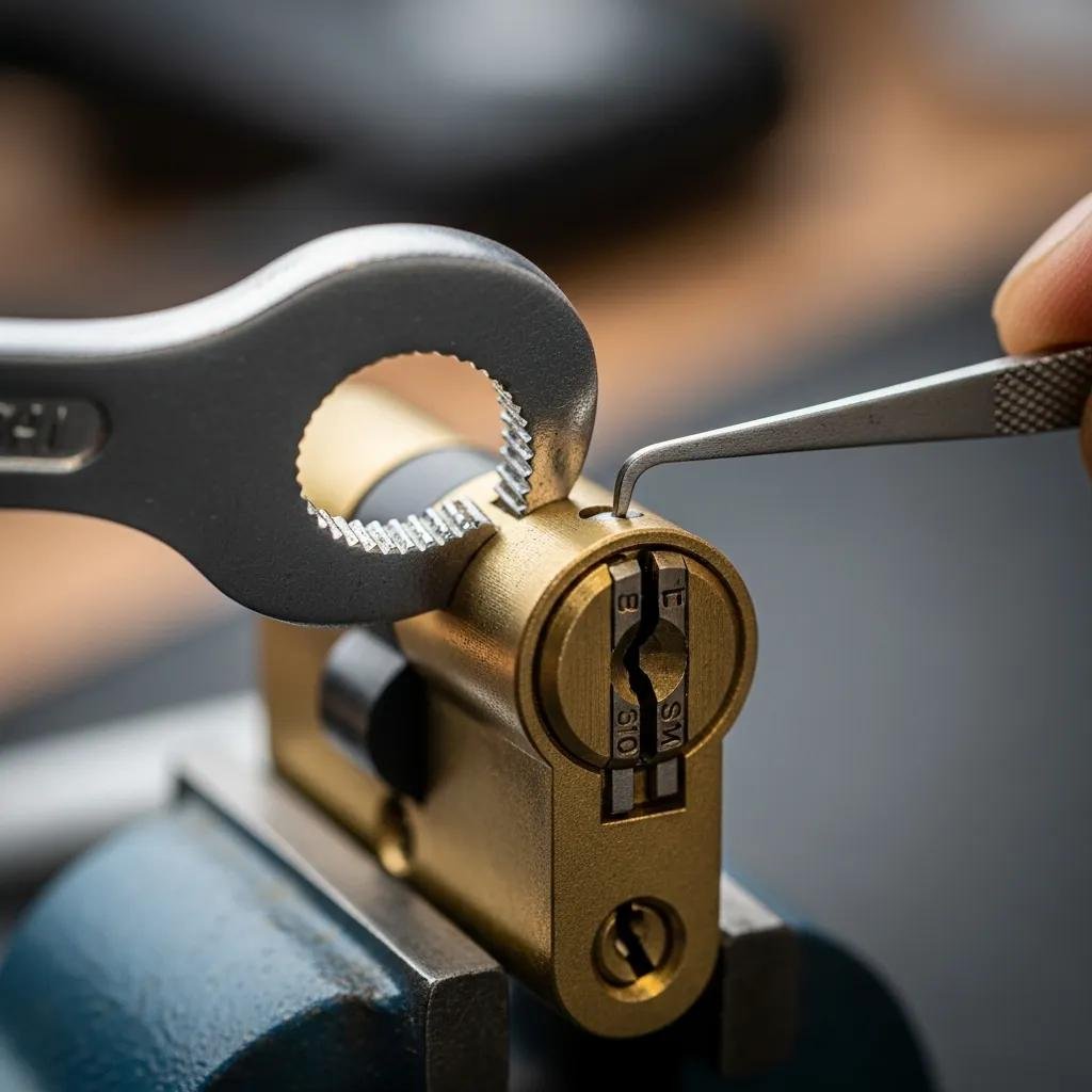 Close-up of a pin tumbler lock with lock picking tools, illustrating the mechanics of lock picking