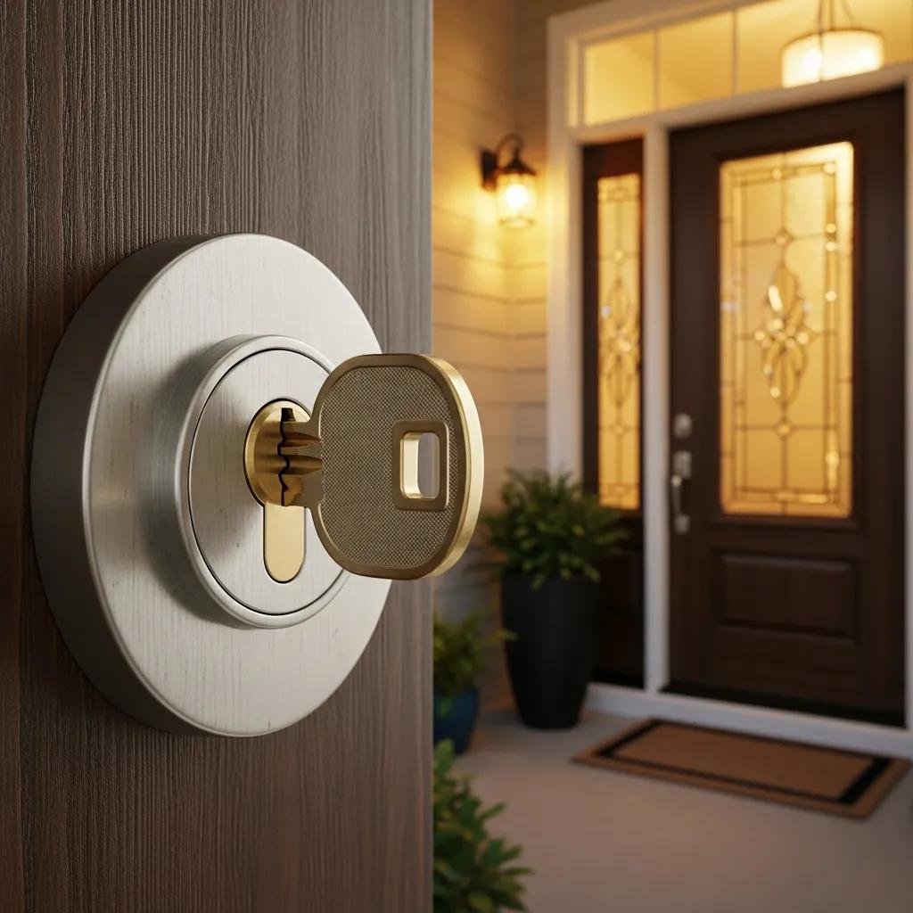 Close-up of a rekeyed lock with a new key, showcasing enhanced security features, positioned at the entrance of a home, emphasizing the benefits of rekeying locks for residential safety.