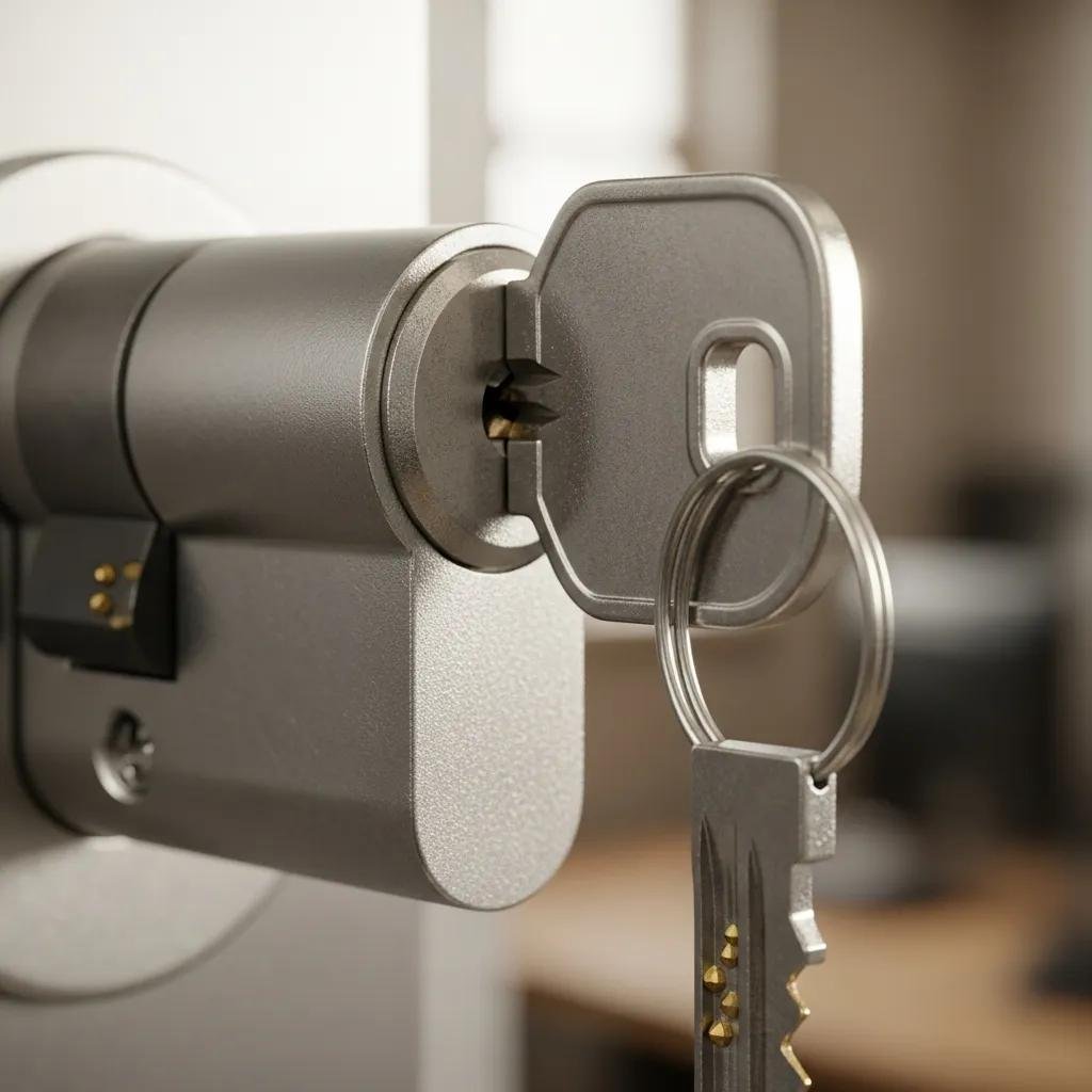 Close-up of a rekeyed lock with a new key, emphasizing security and efficiency for residential and commercial properties, relevant to My Locksmith Express services in Mooresville.