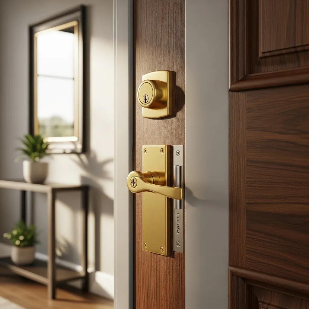 Close-up of a secure apartment door featuring a high-quality deadbolt lock