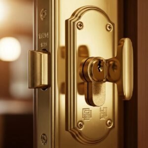Close-up of a shiny door lock emphasizing maintenance and security
