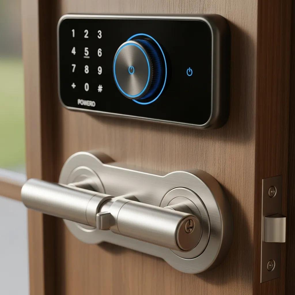 Close-up of a smart lock and deadbolt on a front door, showcasing security features