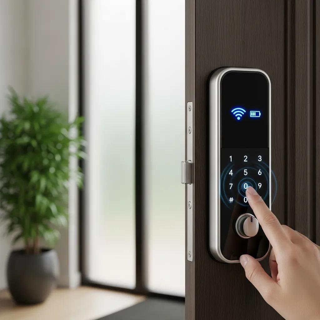 Close-up of a smart lock being installed on a front door, showcasing modern home security technology