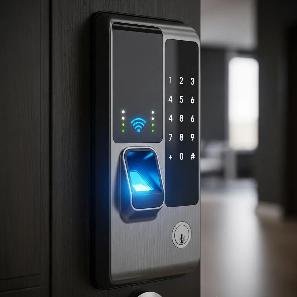 Close-up of a smart lock highlighting biometric scanner and keypad, emphasizing advanced security features