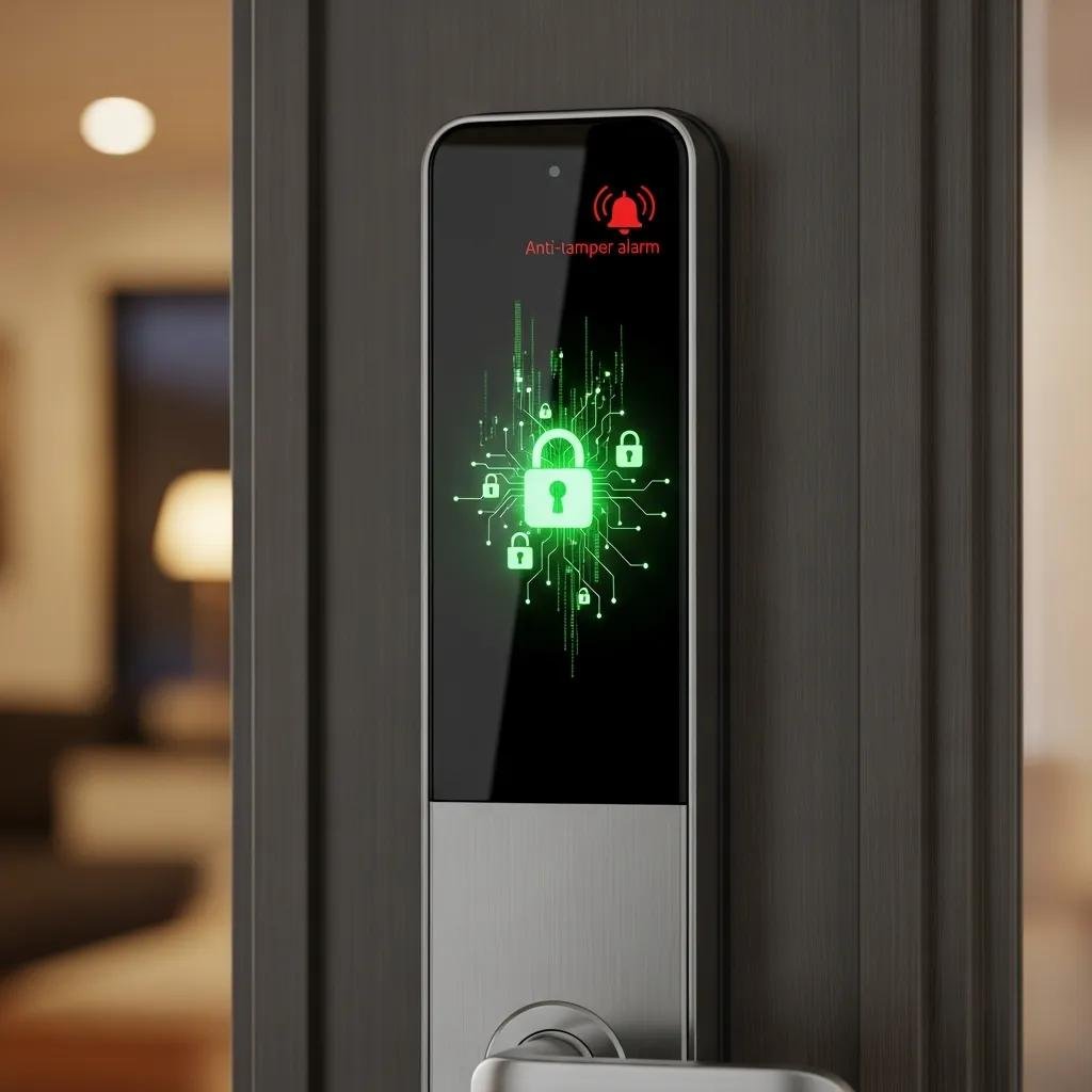Close-up of a smart lock highlighting security features like encryption and anti-tamper alarms