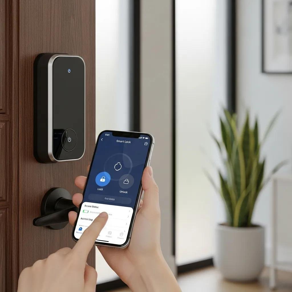 Close-up of a smart lock installation on a front door, highlighting technology and security features