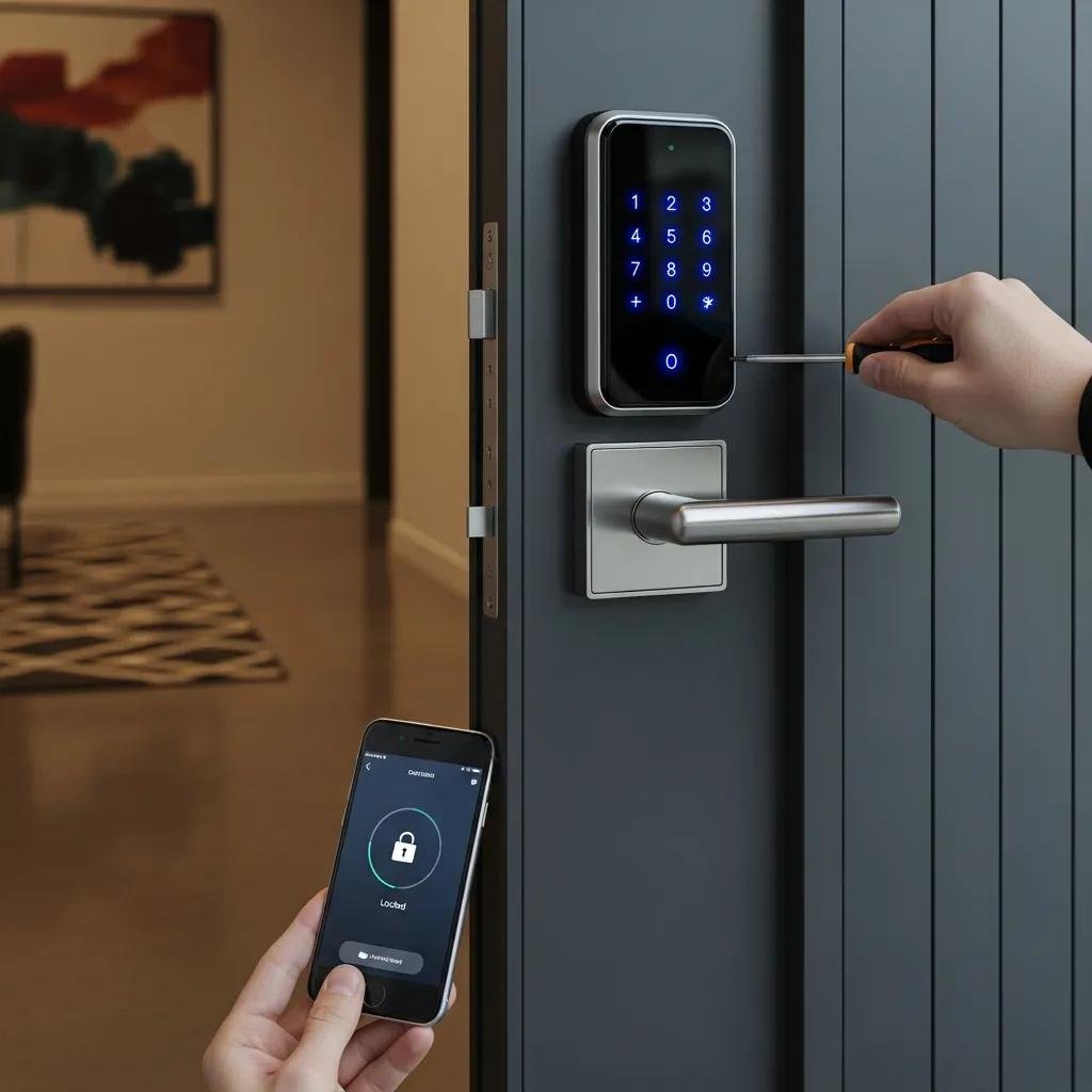 Close-up of a smart lock installation on a front door, illustrating advanced home security technology