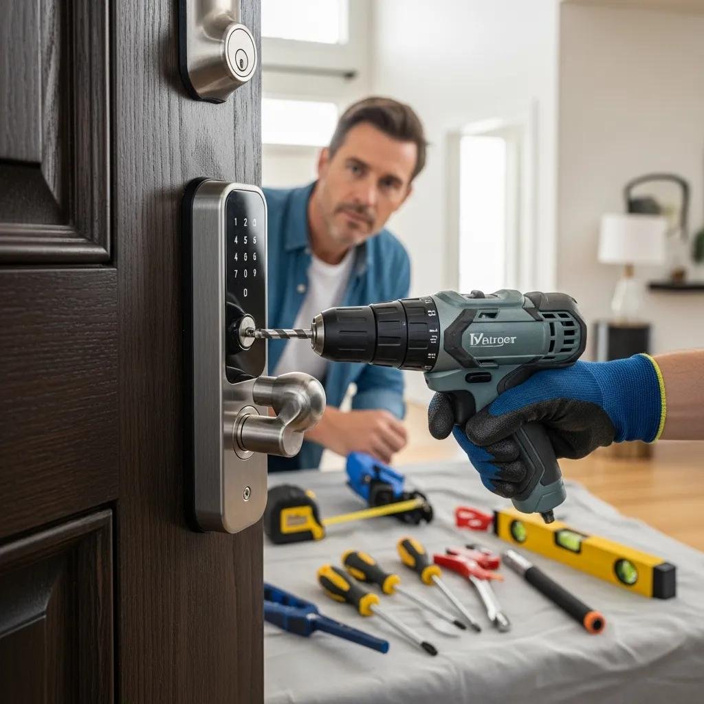 Close-up of a smart lock installation on a front door, illustrating modern home security solutions