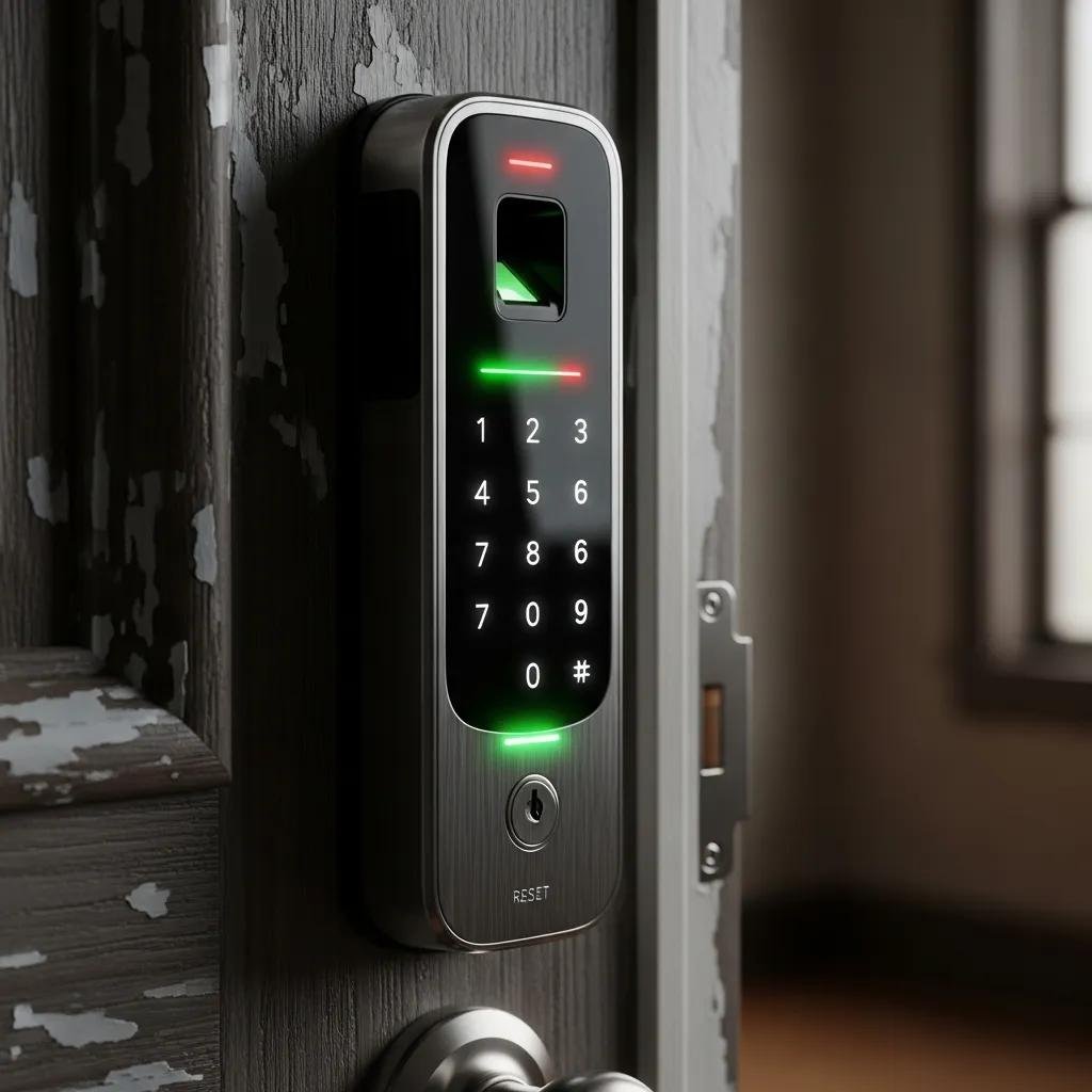 Close-up of a smart lock on a front door, illustrating IoT vulnerabilities and security features