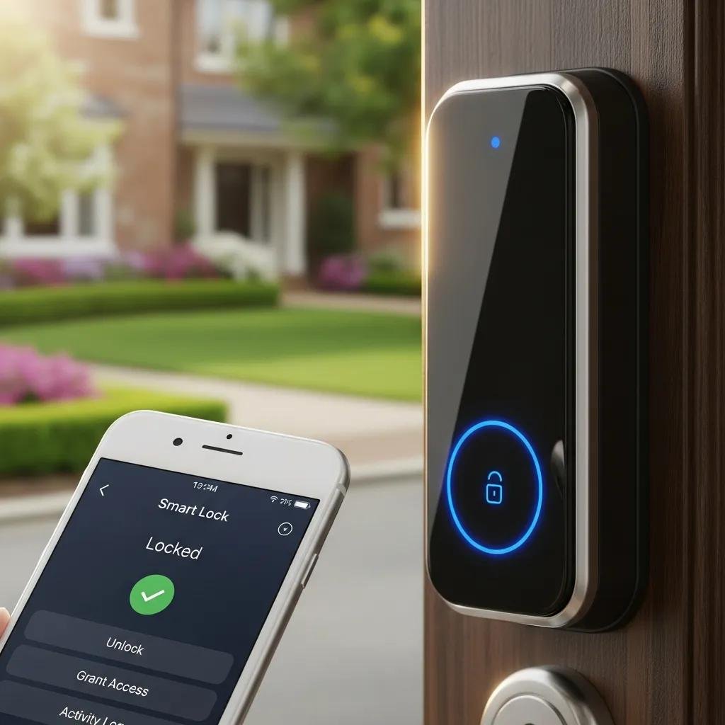 Close-up of a smart lock on a front door, illustrating the benefits of smart lock installation for residential security
