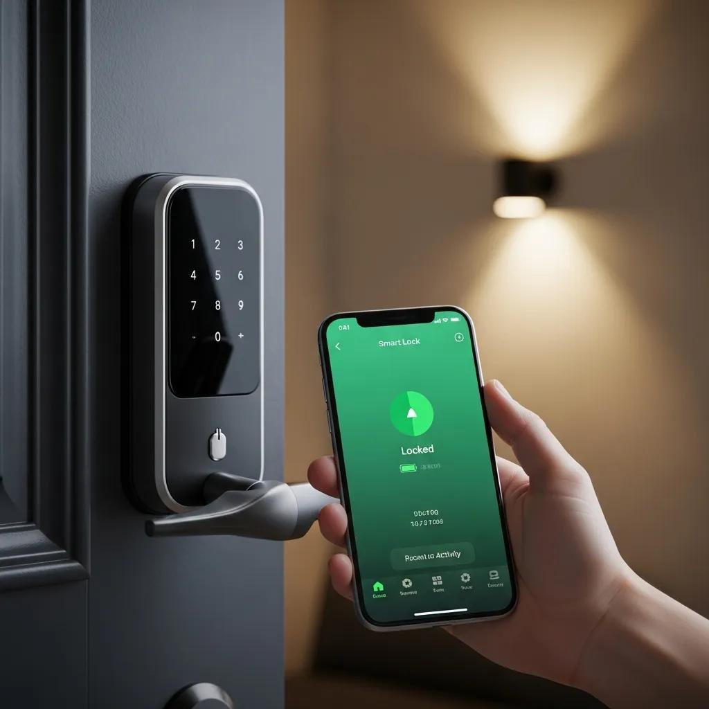 Close-up of a smart lock on a door, with a smartphone displaying the lock status and app interface, illustrating modern home security technology and remote access features.
