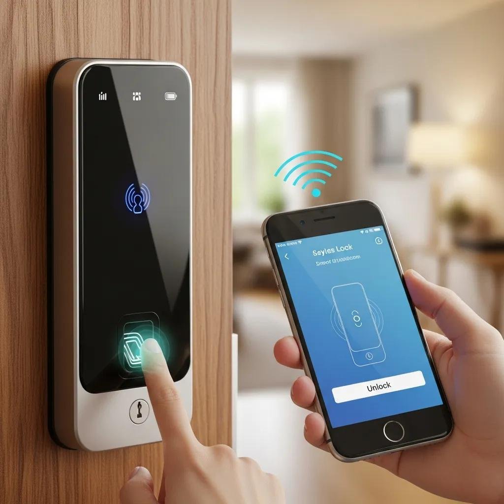 Close-up of a smart lock with biometric features, displaying a user unlocking it via a smartphone app, emphasizing modern home security solutions.