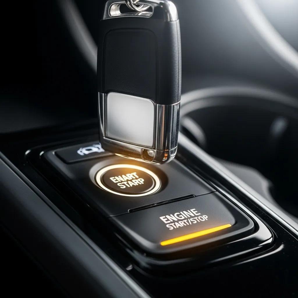 Close-up of a transponder key and vehicle ignition system highlighting automotive security technology