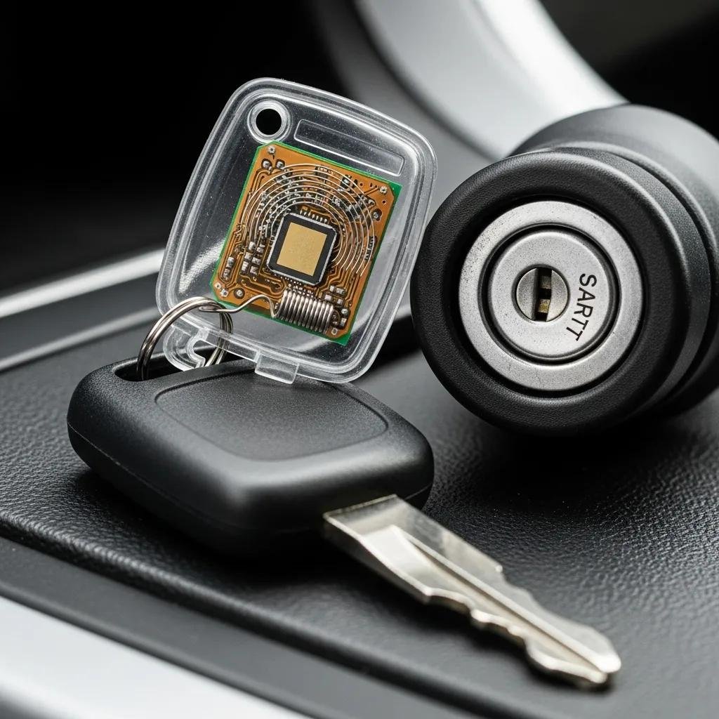 Close-up of a transponder key with electronic chip next to a car ignition system, illustrating key security technology