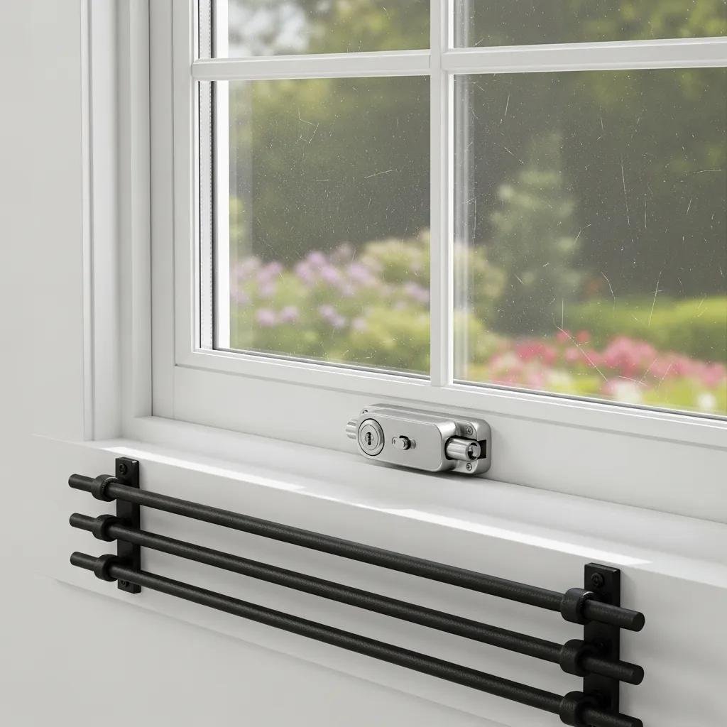 Close-up of a window showcasing security locks, films, and bars