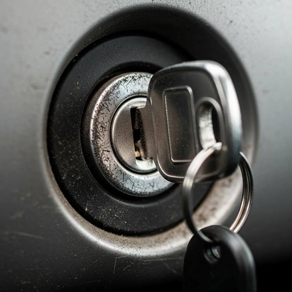 Close-up of a worn car ignition switch, indicating signs of potential failure and the need for repair