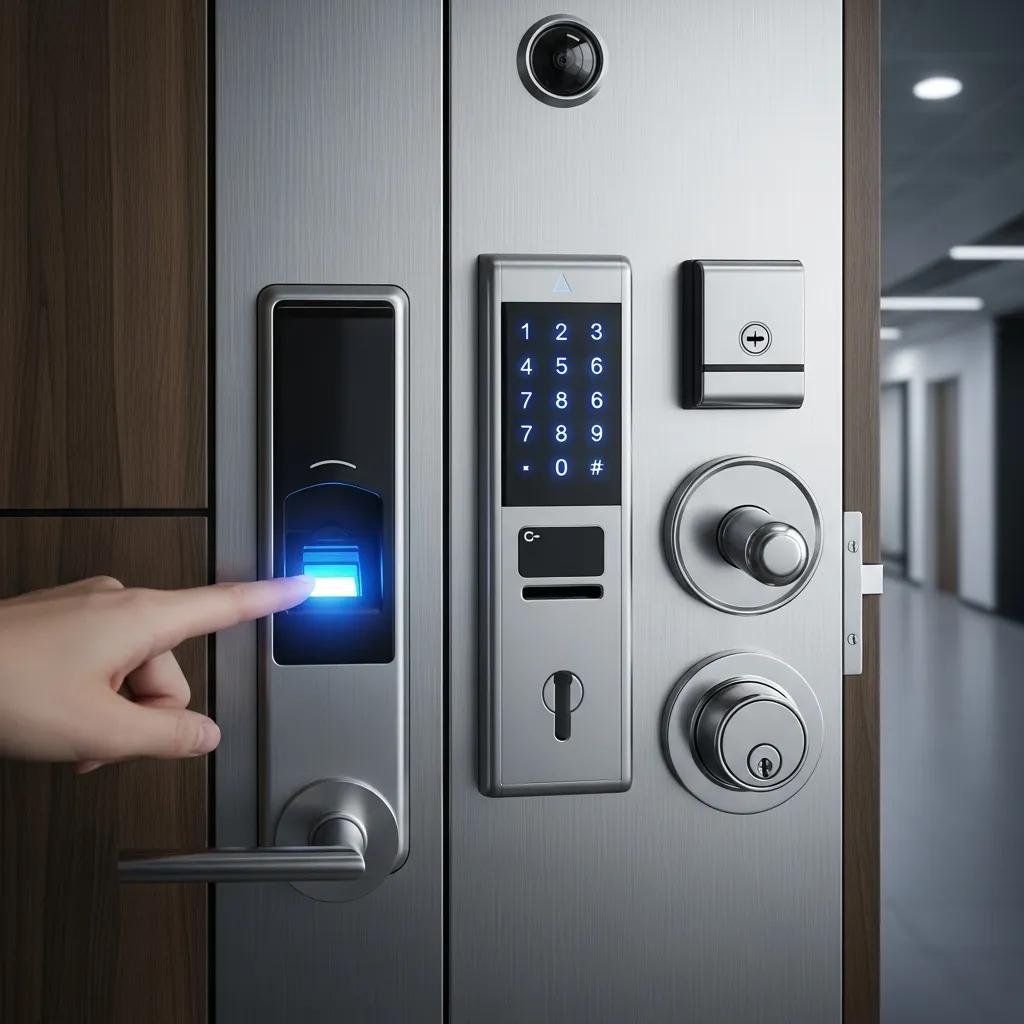 Close-up of advanced security system featuring a biometric scanner, digital keypad, and high-security locks on an office door, illustrating modern access control solutions for commercial properties.