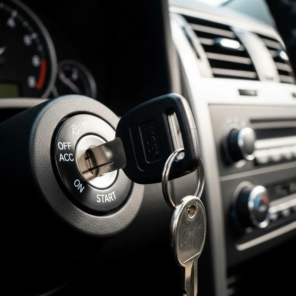 Close-up of an ignition switch and key on a car dashboard