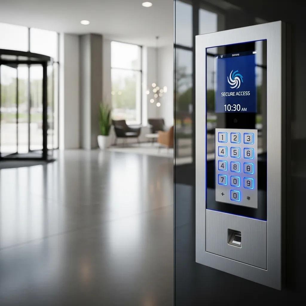 Close-up of an integrated keypad access control system, emphasizing advanced security features