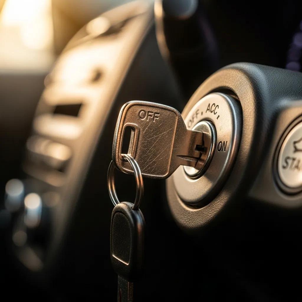 Close-up of car ignition with key not turning, illustrating ignition problems