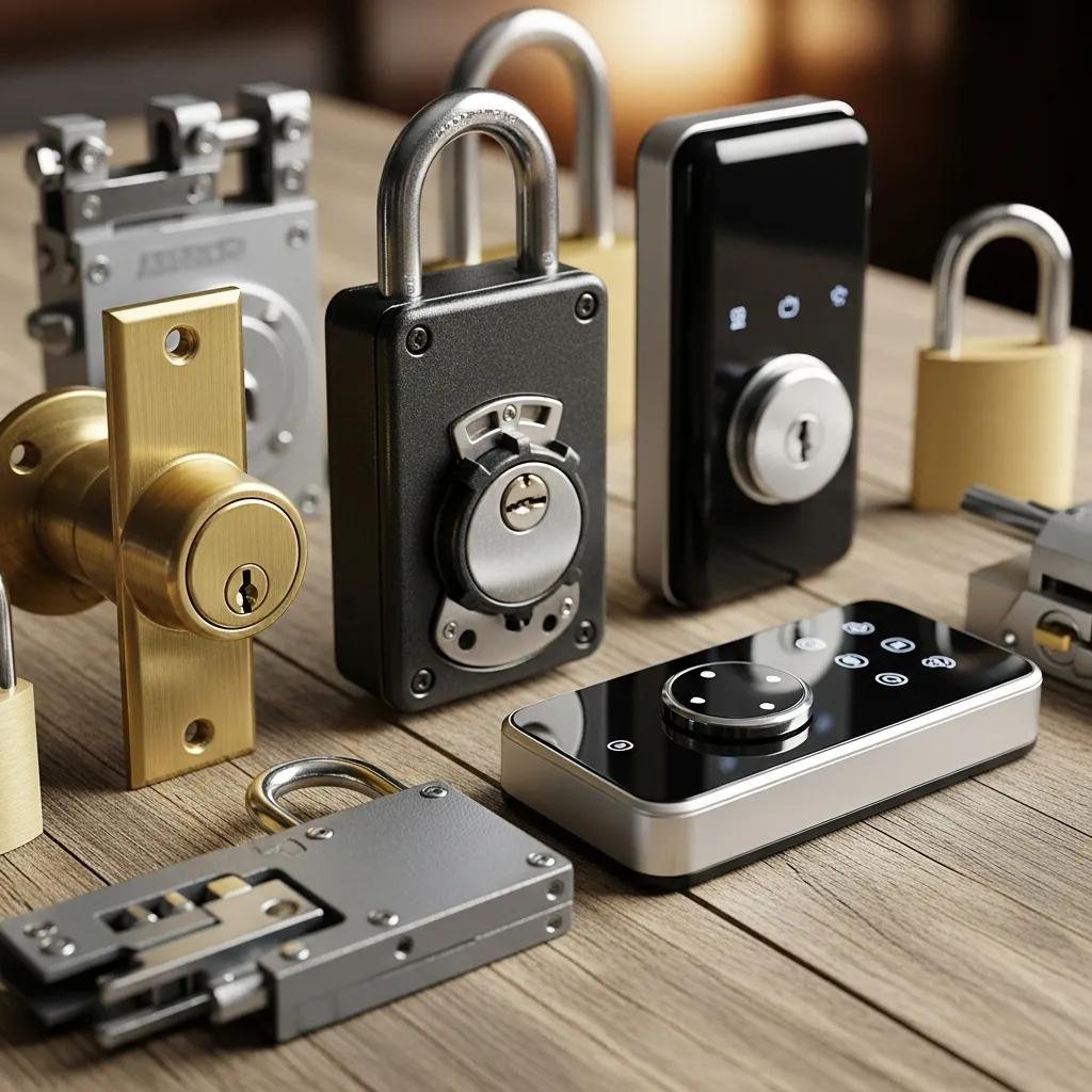 Close-up of various locks including deadbolts, high-security locks, and a smart lock, showcasing options for enhancing home security.