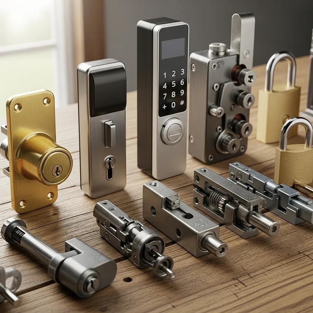 Close-up of various locks including deadbolts, electronic locks, and high-security locks on a wooden surface, illustrating design and functionality for commercial security solutions.